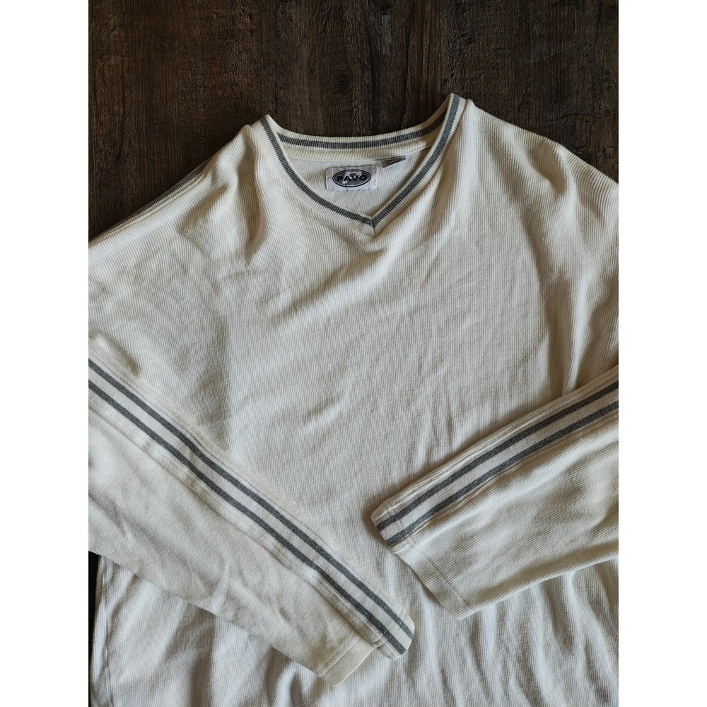 Pavo Vintage Mens XL White Thermal V-Neck Long Sleeve Knit Striped Pullover